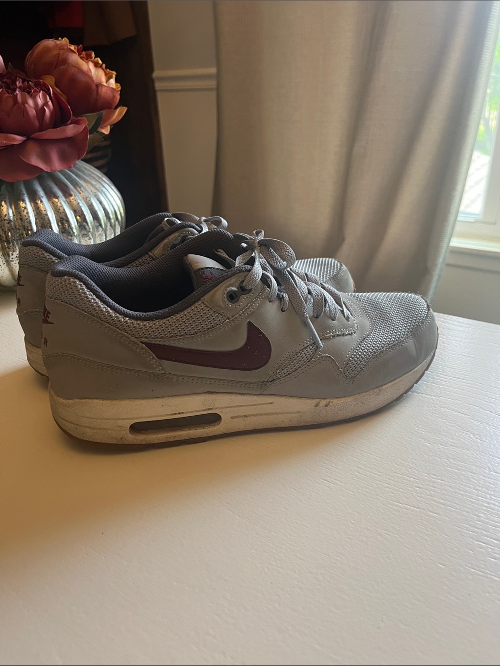 Nike Grey air max with Burgundy Swoosh